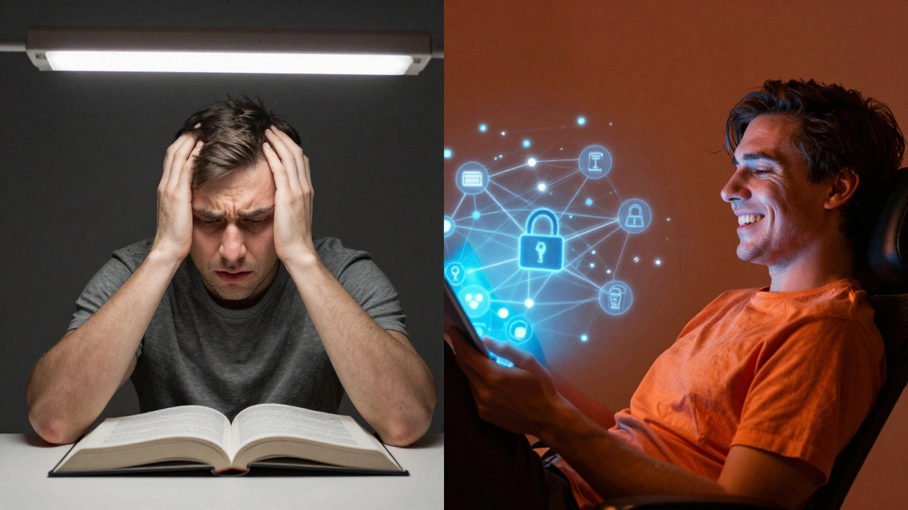 Split-screen contrast: frustrated adult with textbook vs. same person understanding concepts via an animated digital diagram.