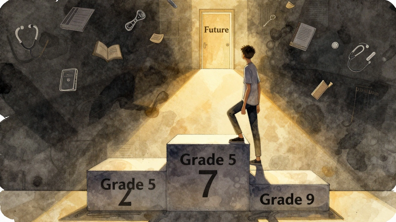 Staircase with grade levels leading to a door labeled 'Future', student stepping onto grade 7.