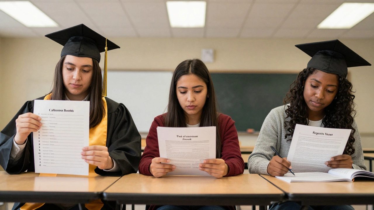 Three American students in a classroom, each engaged in state-specific graduation requirements like Regents, end-of-course, and credit checks.