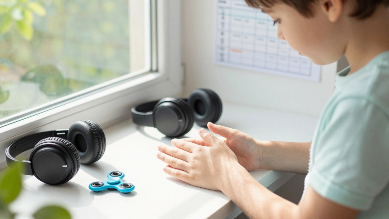 A child with autism surrounded by sensory supports, calm sunlight filtering through a window.