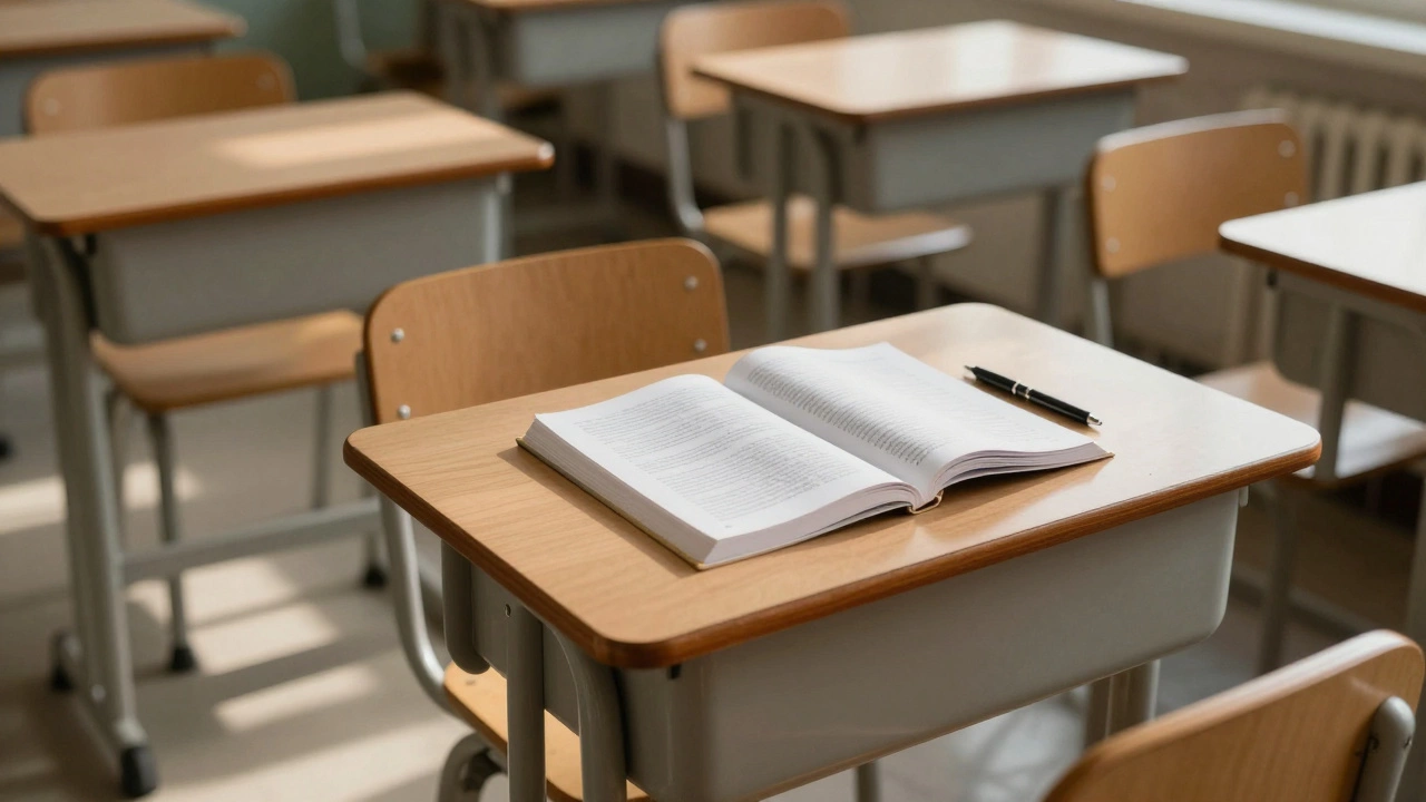 An empty classroom with an open textbook and pen, symbolizing that tutoring is defined by expertise, not gender.