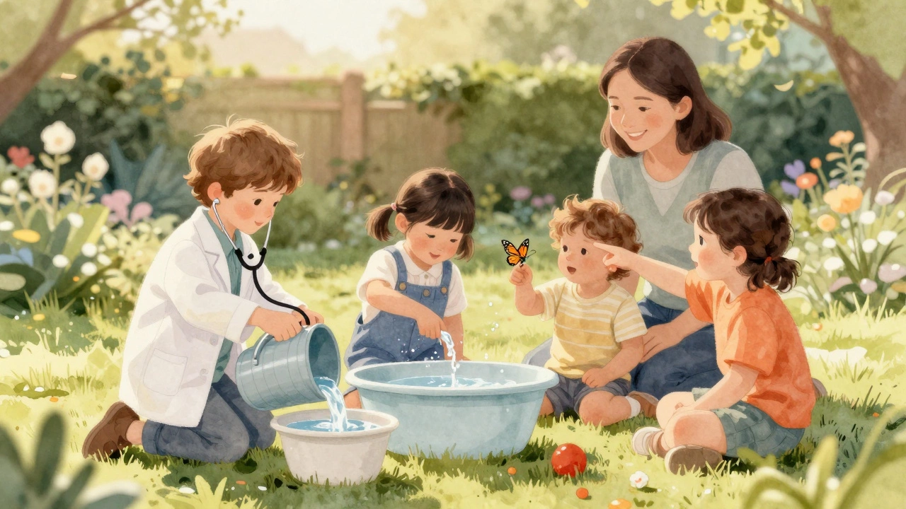 Children playing imaginatively outdoors with a caring adult nearby in a garden.