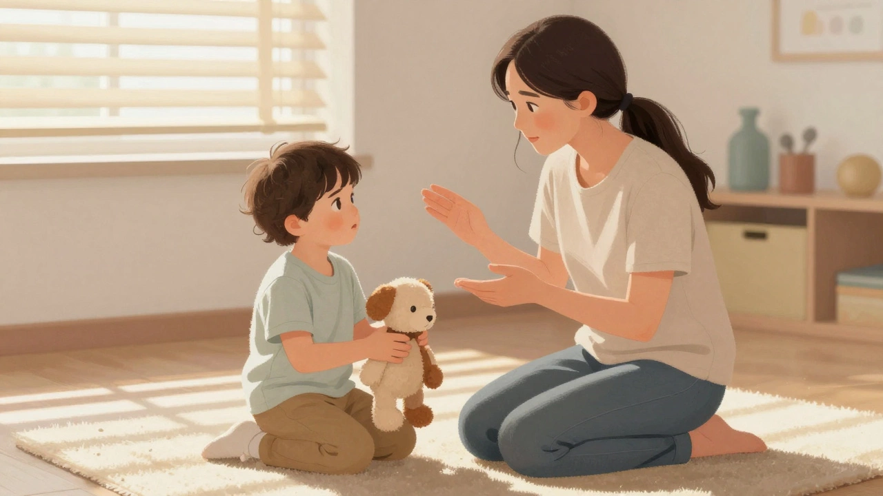 Educator speaks calmly to a toddler, naming emotions with gentle gestures.