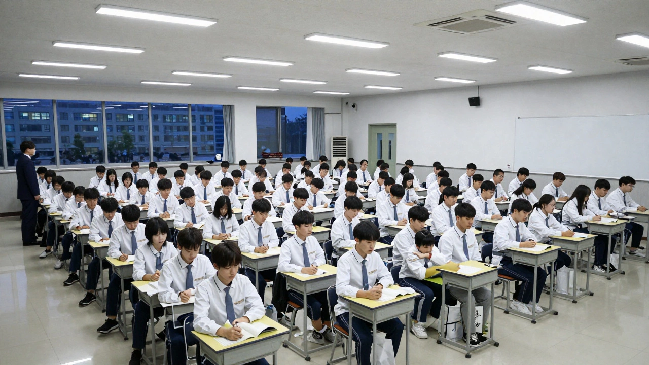Hundreds of students in a silent South Korean exam hall under fluorescent lights.