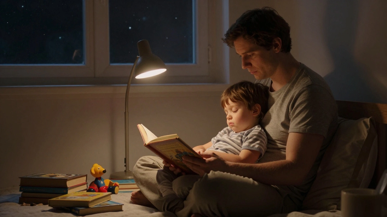 Parent reading a book to a sleepy child under a warm lamp at night.