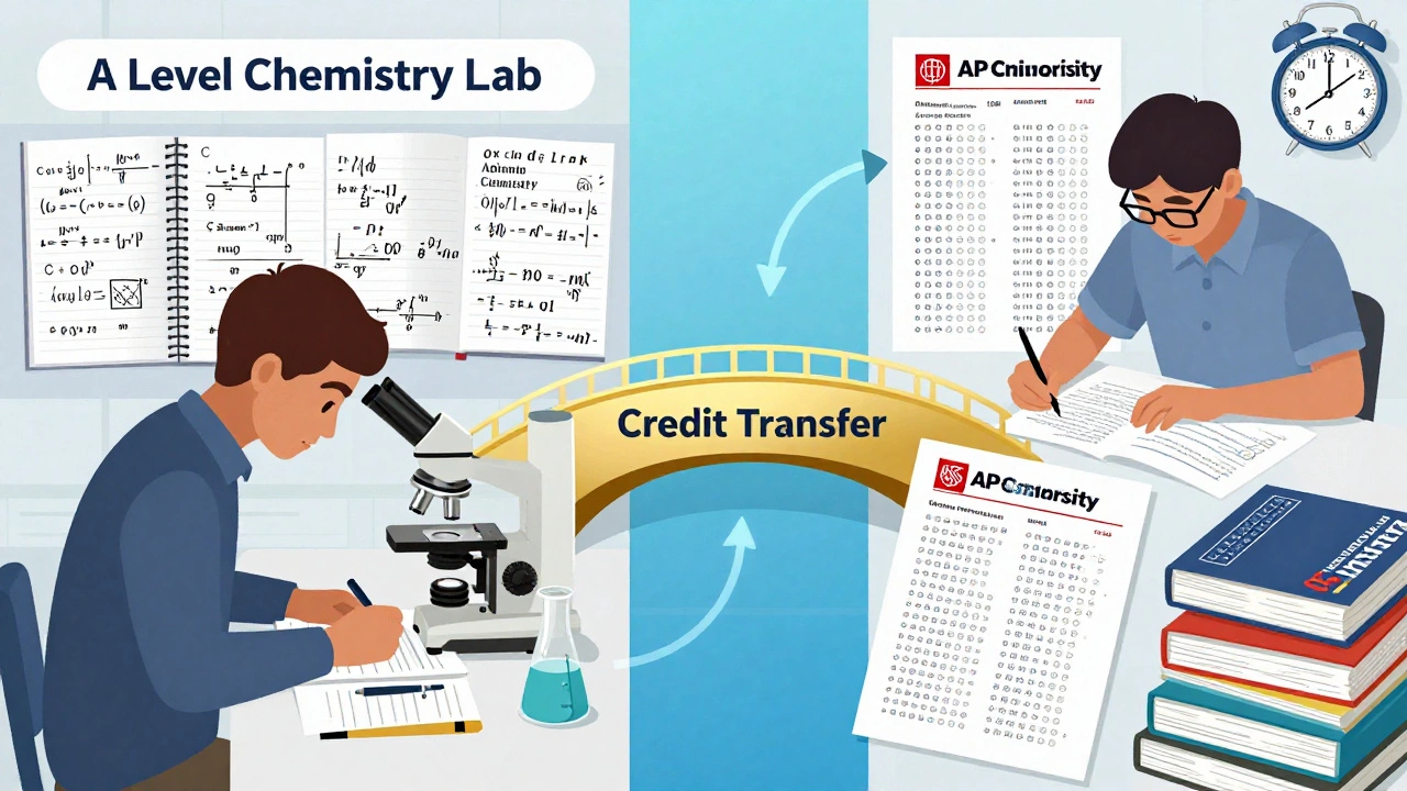 Side-by-side comparison of a British A Level student in a lab and an American student taking an AP exam.
