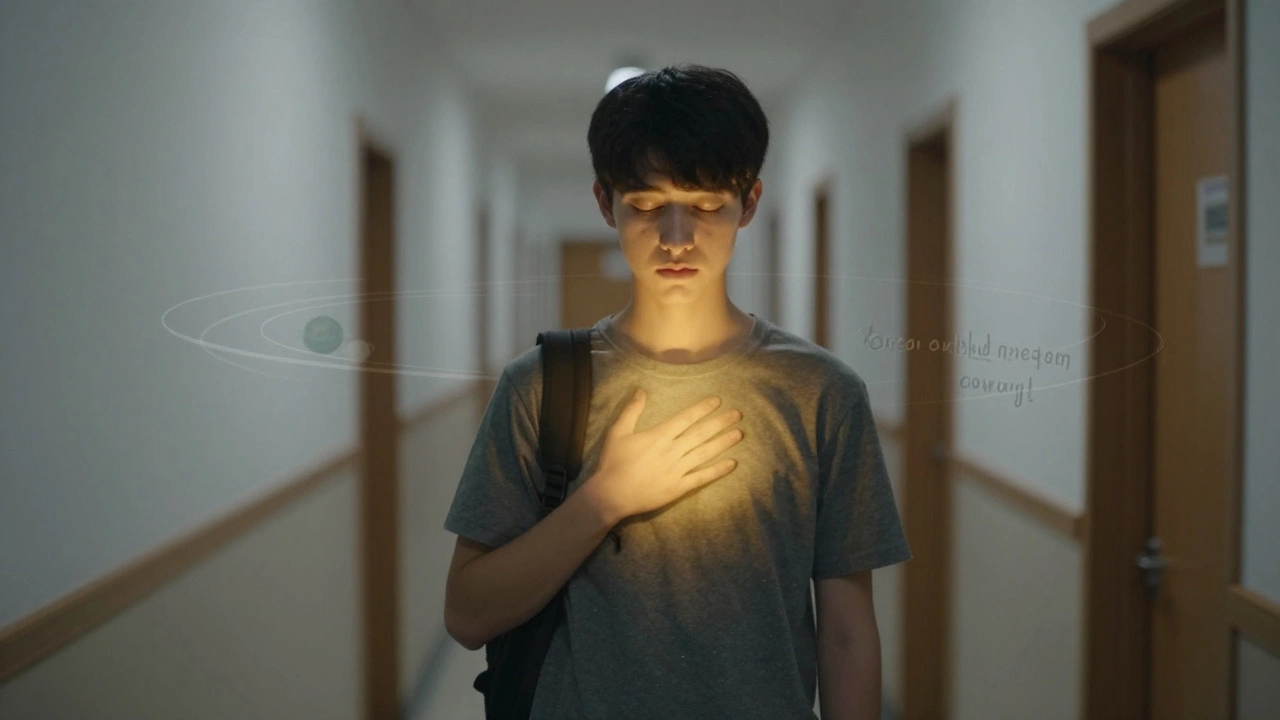 Student reciting a fact aloud before an exam, golden glow symbolizing memory activation.