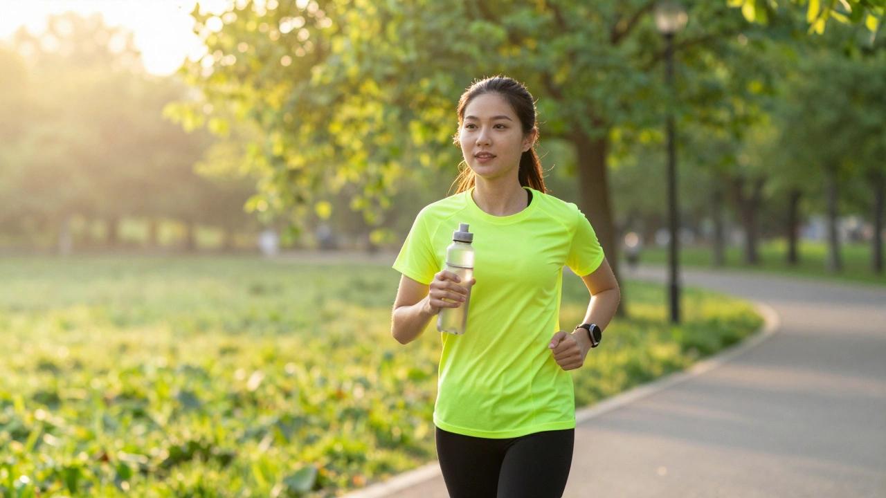 Student walking outdoors holding water bottle in morning sunlight for mental reset.