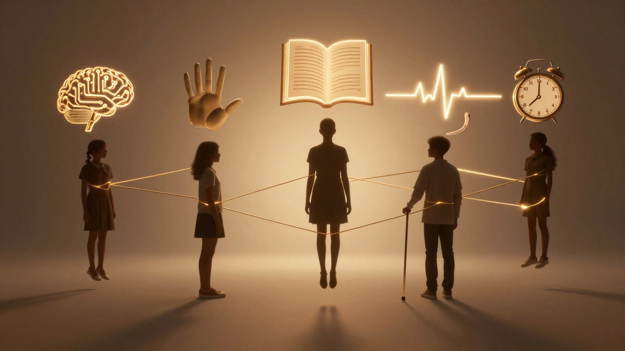 Symbolic representations of various disabilities connected by golden threads, forming a classroom.