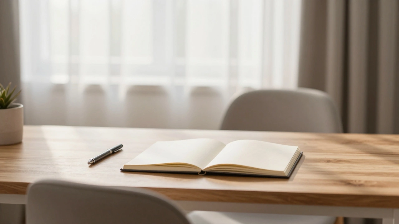 Tidy organized study desk with warm lamp lighting and minimal clutter.