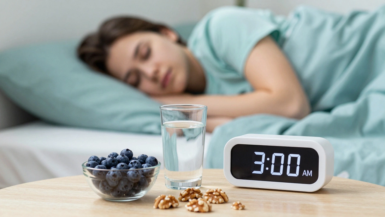 A bedside table with healthy snacks and water next to a sleeping student.