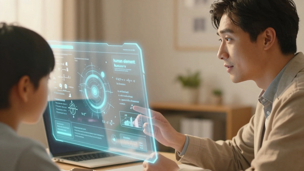 A comparison between a cold AI holographic interface and a warm, empathetic human tutor.