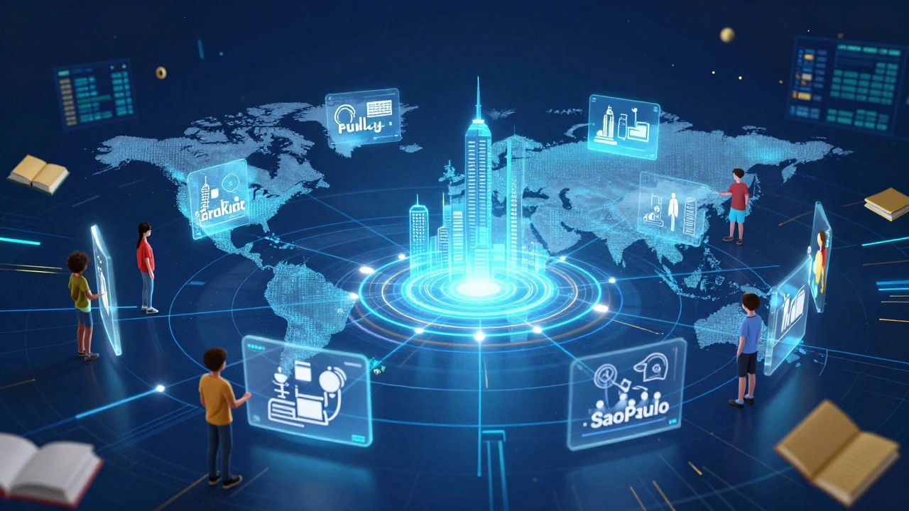 A digital network connecting students globally across different cities and continents.