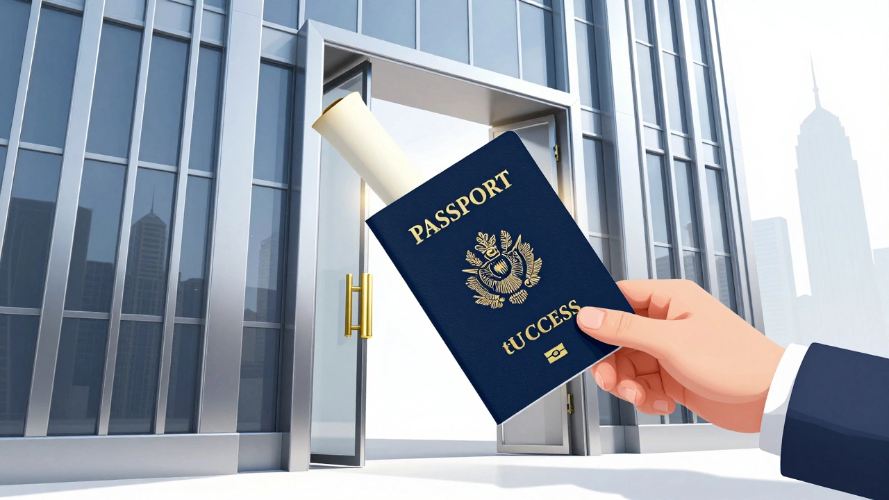 A diploma styled as a golden passport opening a large professional door.