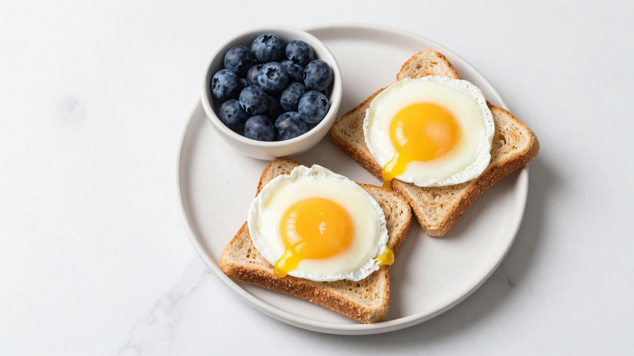 A healthy breakfast of poached eggs on toast and a side of fresh blueberries