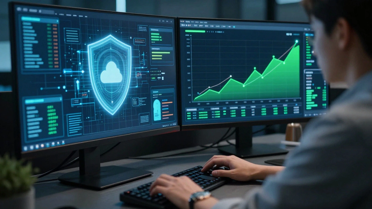 A high-tech workspace showing cybersecurity shields and digital marketing growth charts.