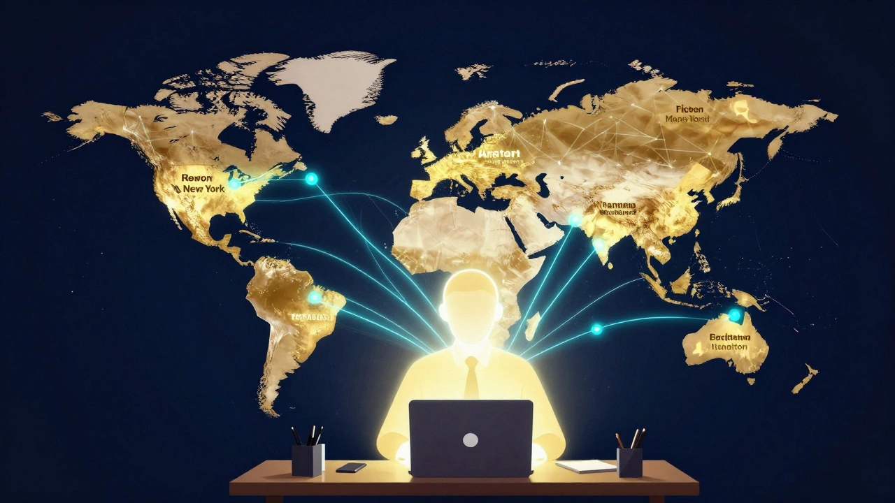 A holographic map showing a tutor in London connected to students globally via glowing lines.