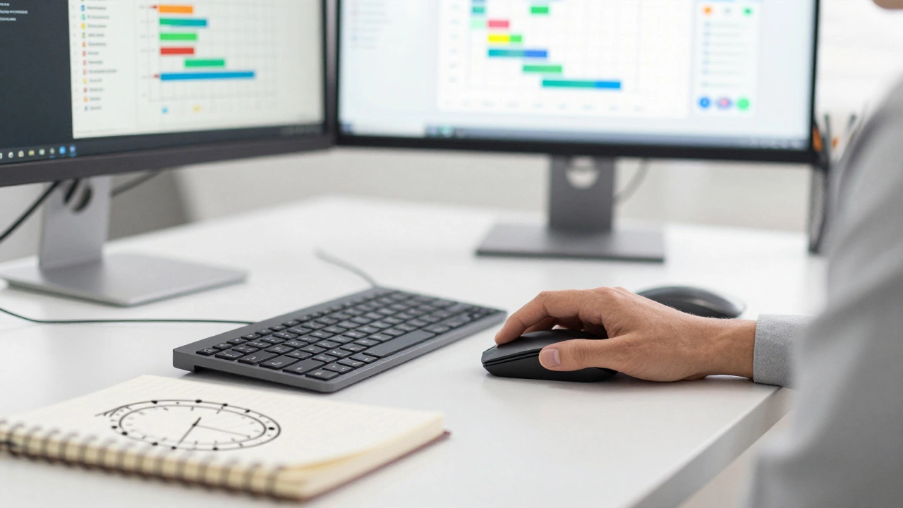 A minimalist workspace with a project dashboard and Pomodoro timer, showing digital productivity.