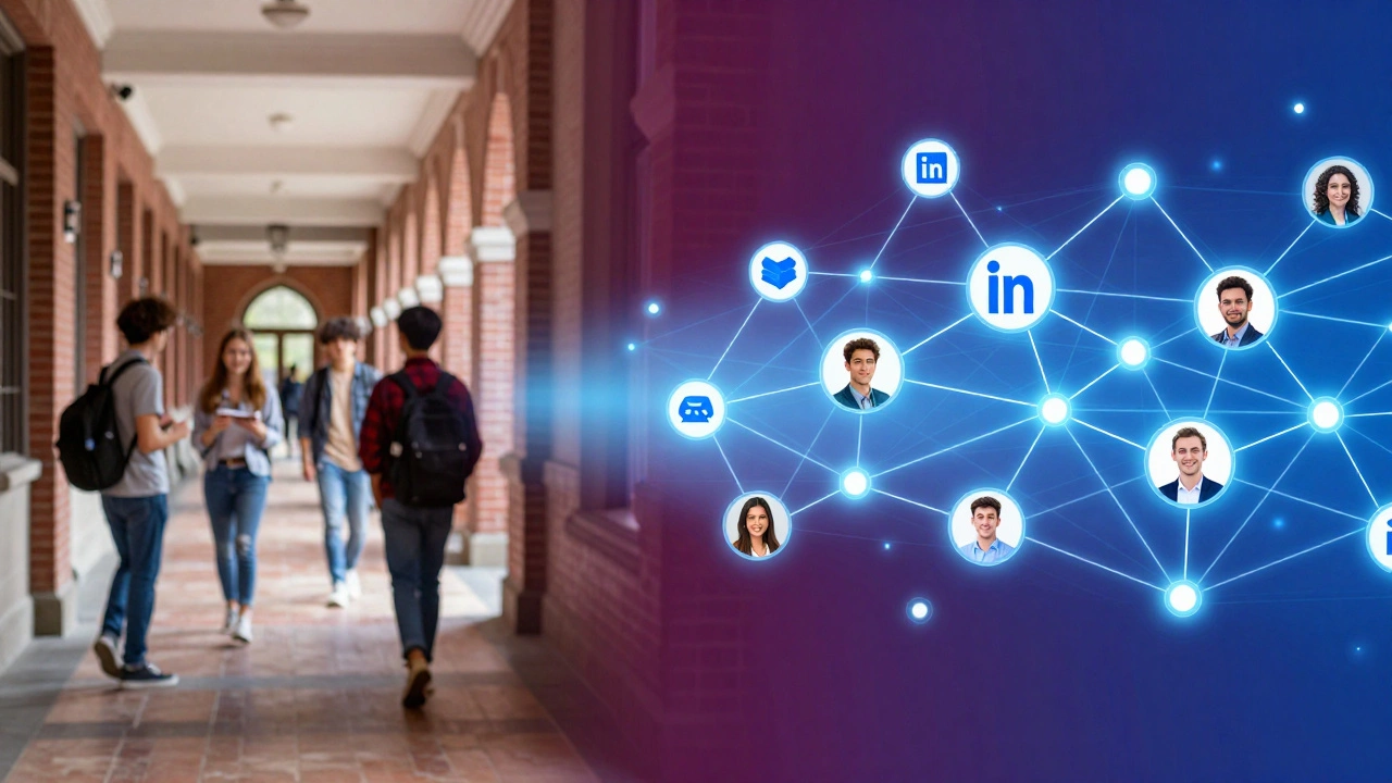 A split image comparing a university hallway with a digital professional network.