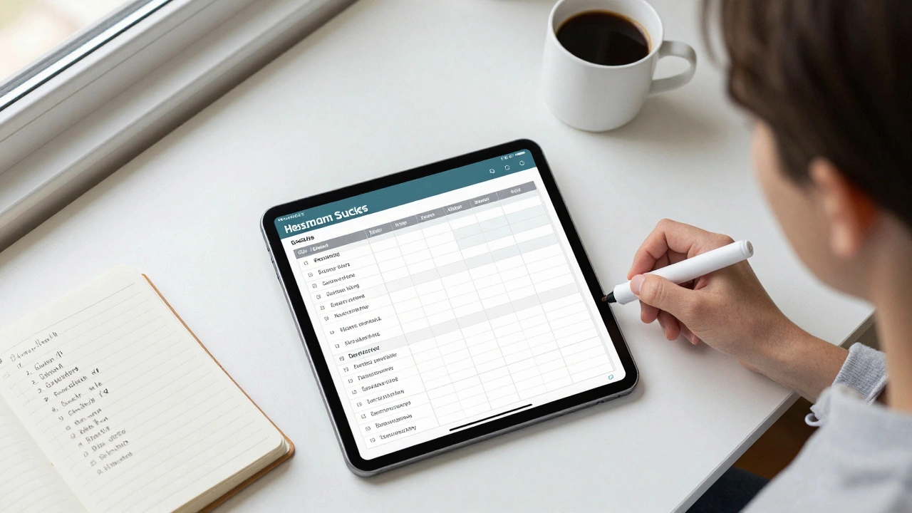 A student's organized desk with a scholarship tracking spreadsheet and planning notes.