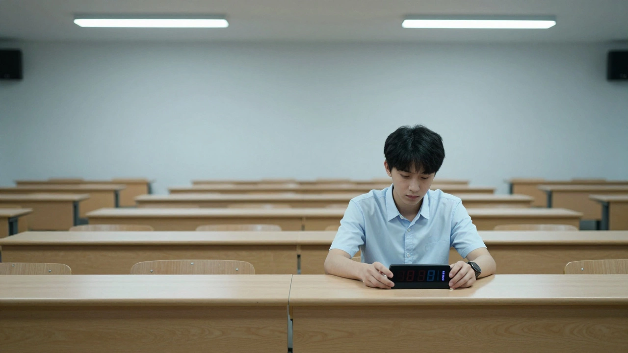 A student calmly taking a timed practice exam in a quiet, professional hall environment.