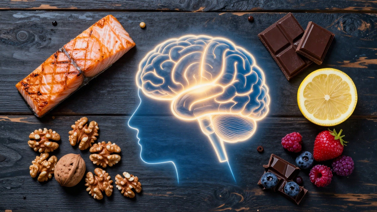 Artistic arrangement of salmon, walnuts, and dark chocolate around a glowing brain symbol