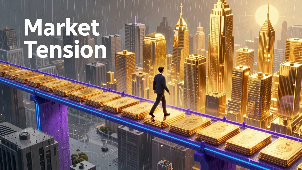 Conceptual art of a person crossing a bridge of certifications toward a golden futuristic city.