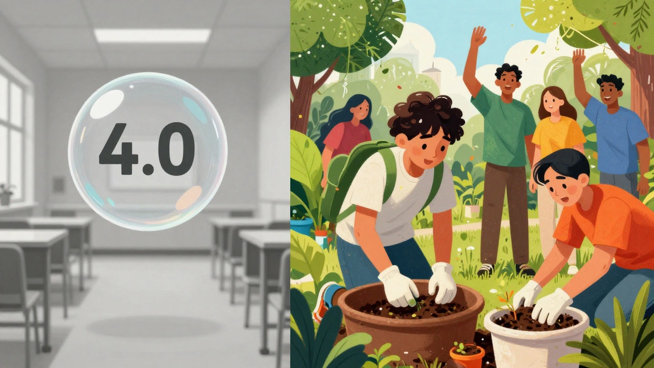 Contrast between a perfect GPA and a student leading a community composting project.