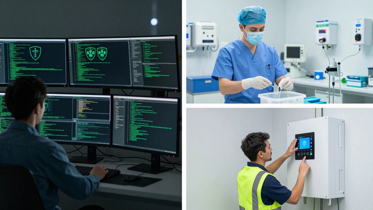 Montage of a cybersecurity expert, a medical phlebotomist, and an HVAC technician at work.