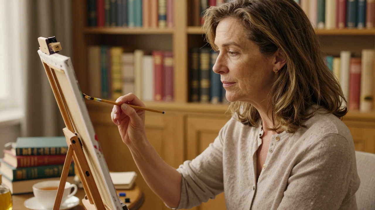 A woman painting in a cozy home library, symbolizing creative adult education.