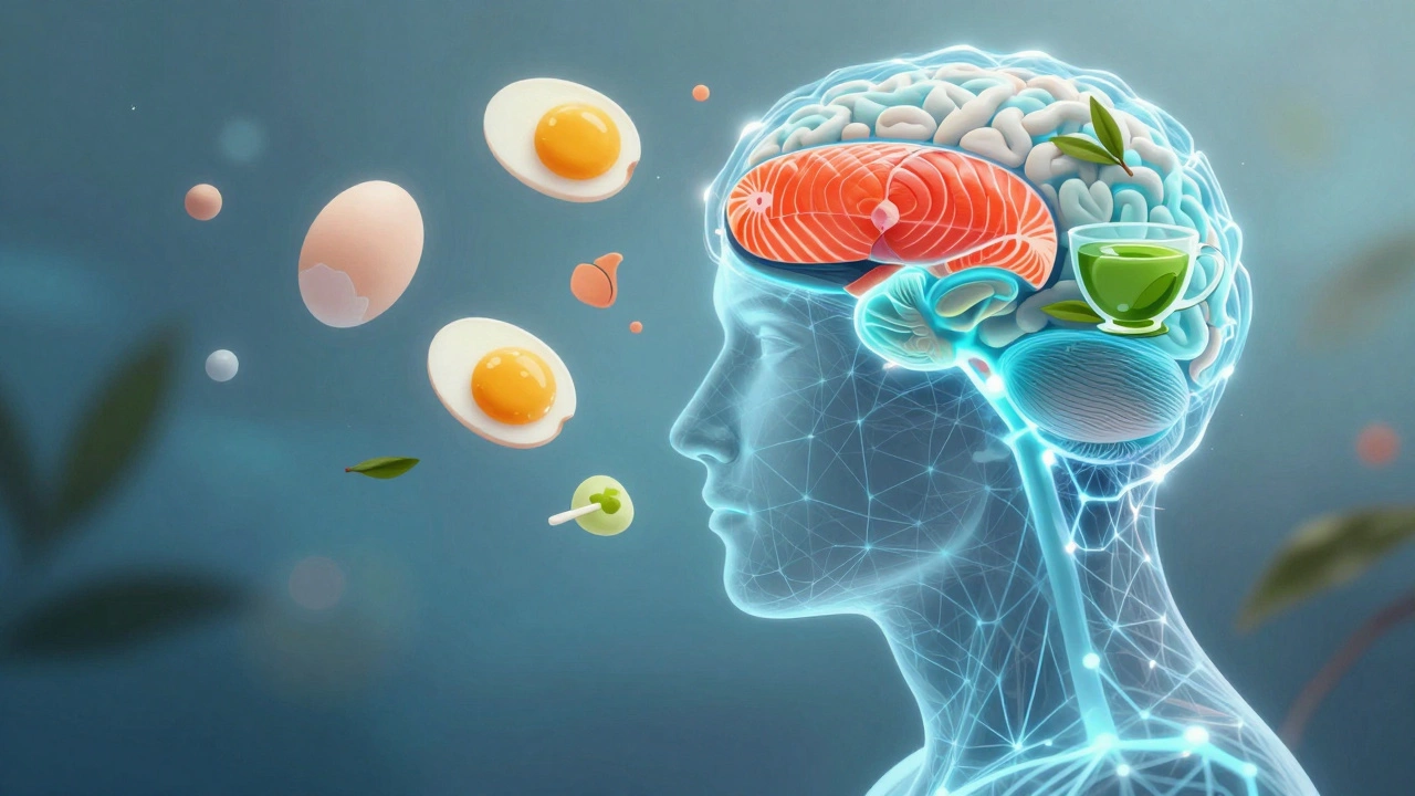Abstract art showing food nourishing a glowing neural network brain