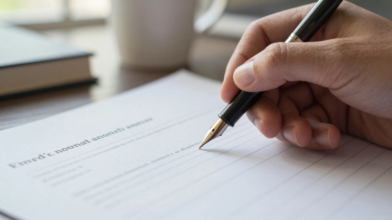 Close-up of a hand writing an essay with a fountain pen