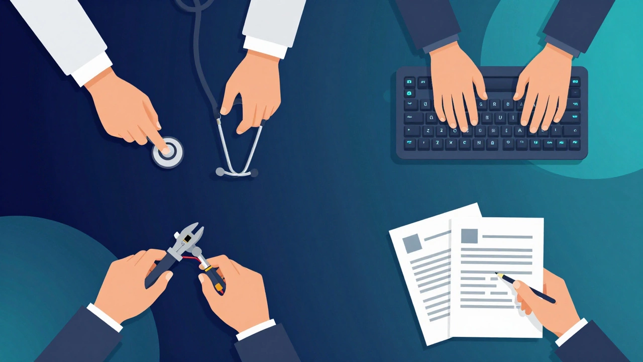 Hands performing healthcare, IT, trade, and business tasks representing vocational training.