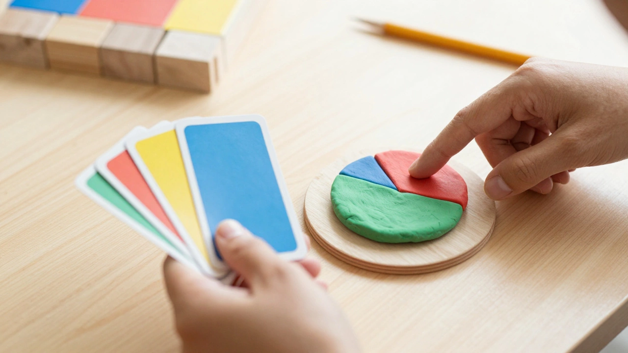 Hands using tactile flashcards and objects for learning