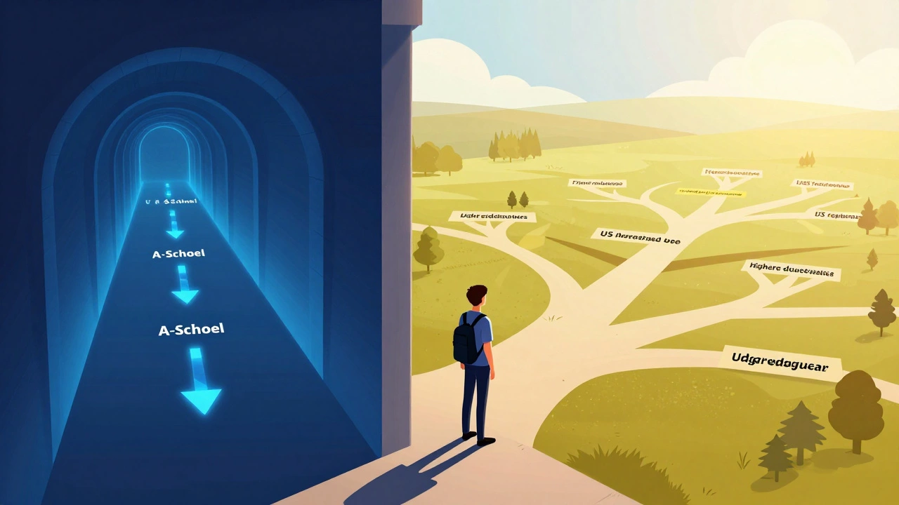 Illustration contrasting narrow UK education path with broad US system