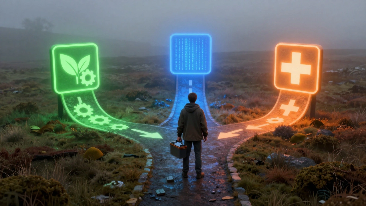 Person choosing between career paths for green energy, tech, and healthcare on a moor.