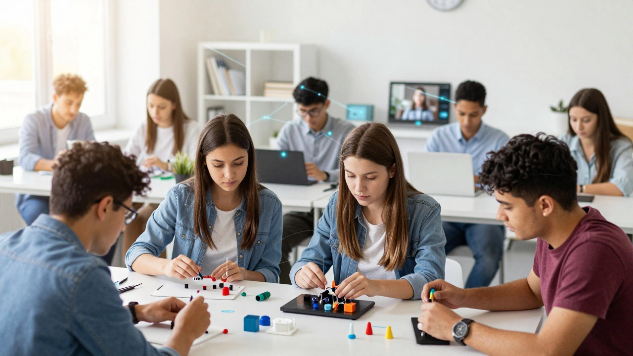 Photorealistic scene of students blending in-person workshops with online study.