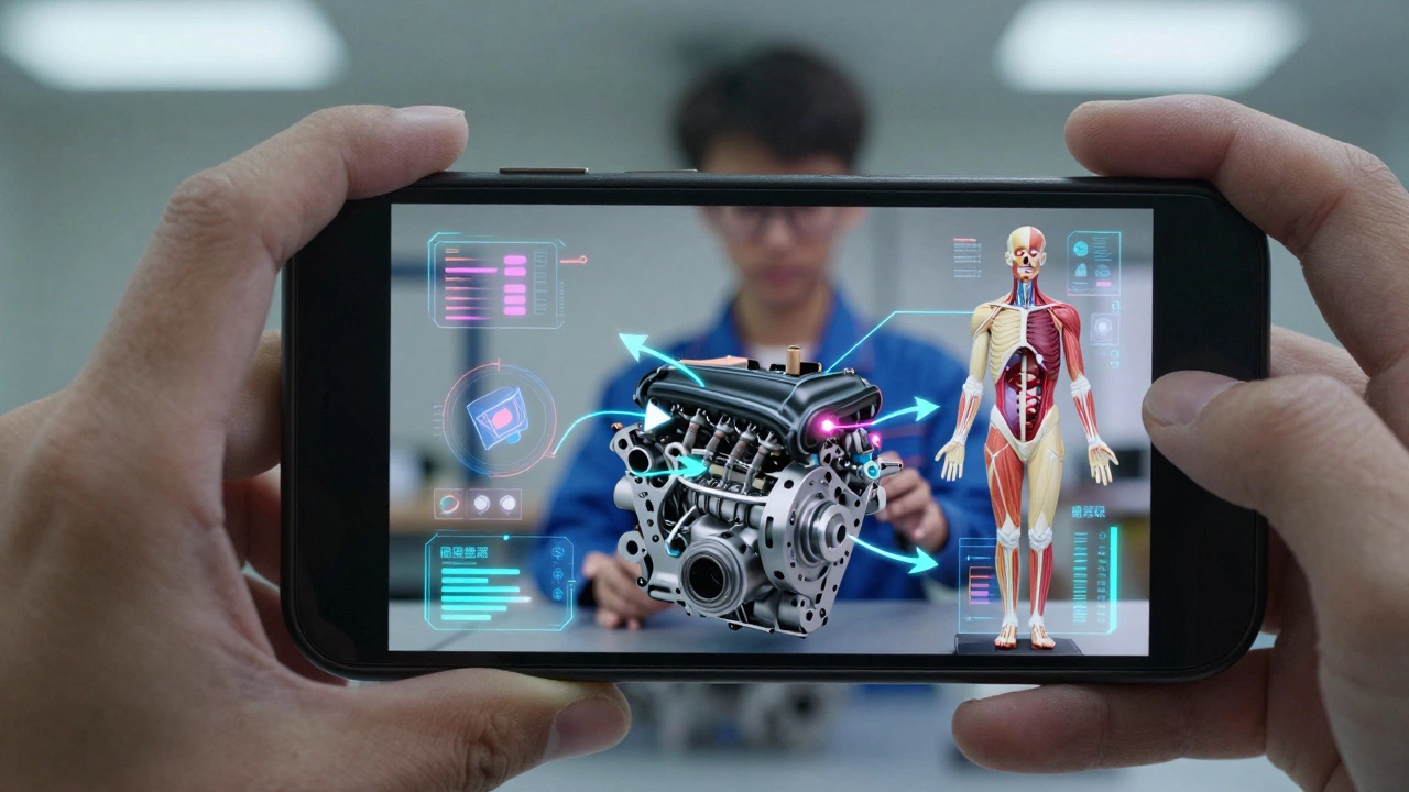 Smartphone displaying augmented reality overlays on a real-world object for education.