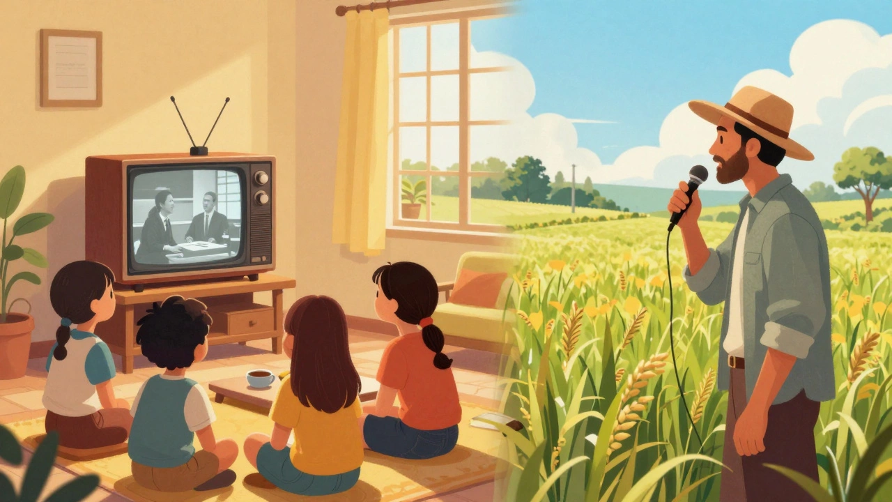 Split illustration showing TV lectures and radio broadcasts for distance learning.