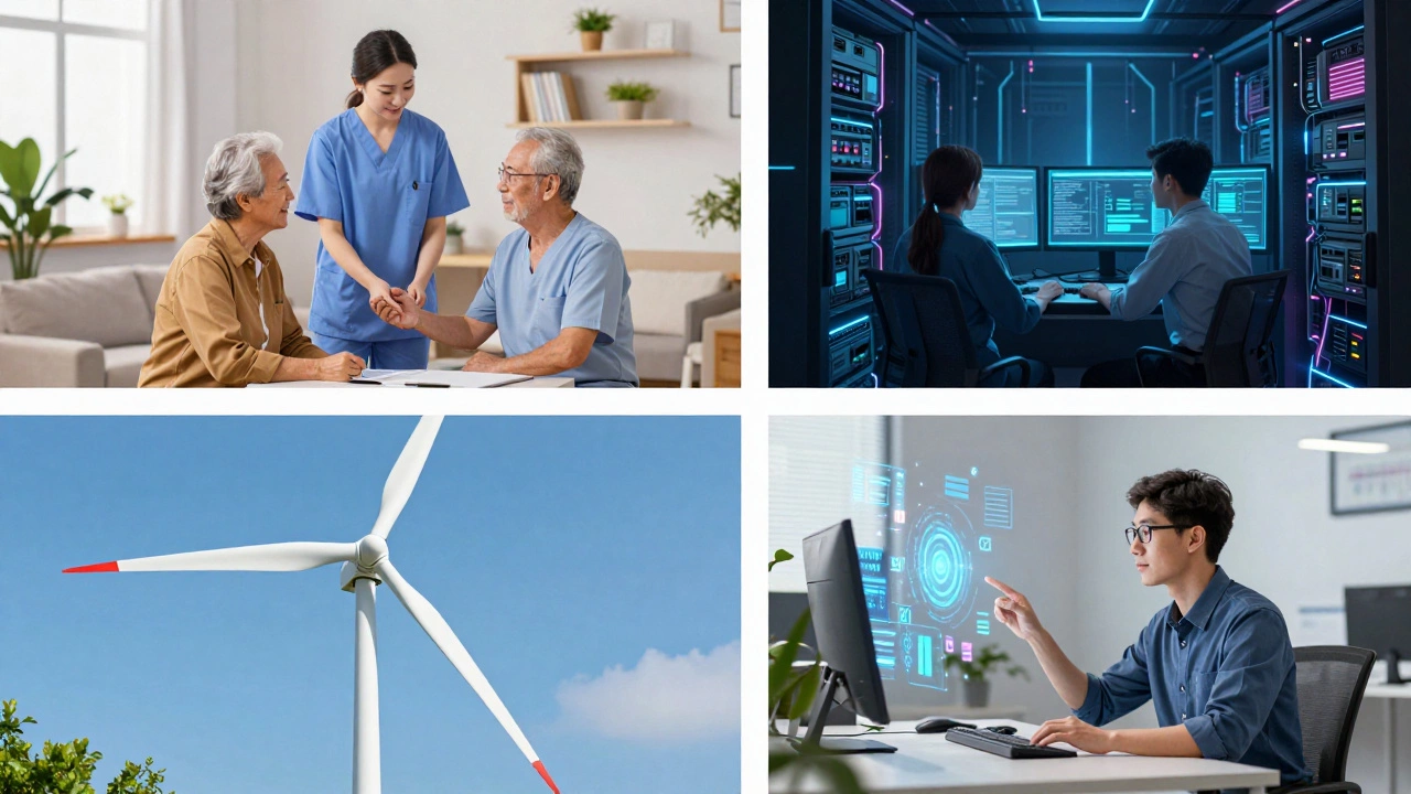 Split view of home care, cybersecurity, wind turbine maintenance, and data analysis roles.