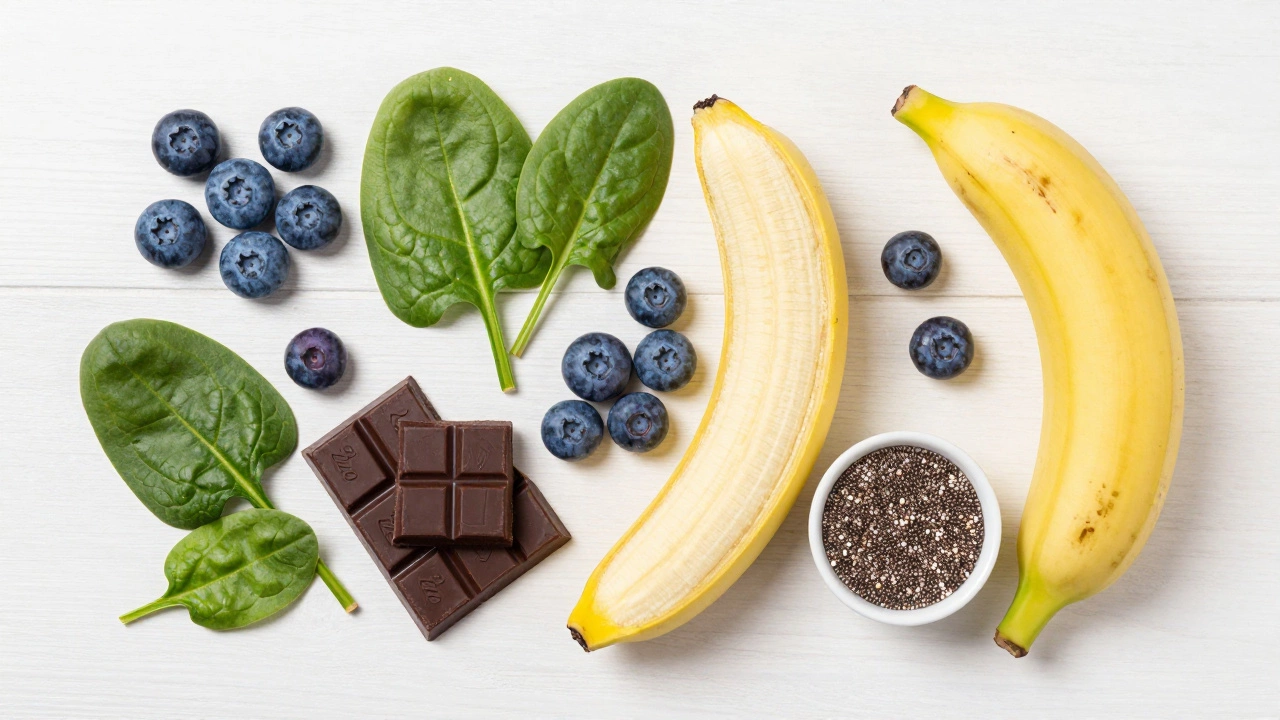 Top-down view of brain-healthy foods like berries, bananas, and dark chocolate