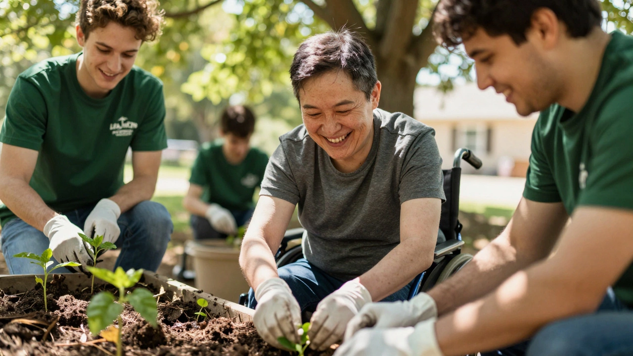 Adult with learning disability gardening with volunteers