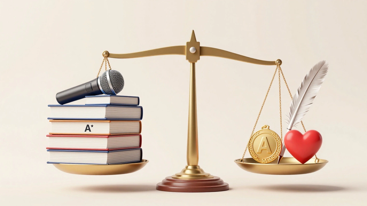 Balance scale weighing grades against leadership and character traits