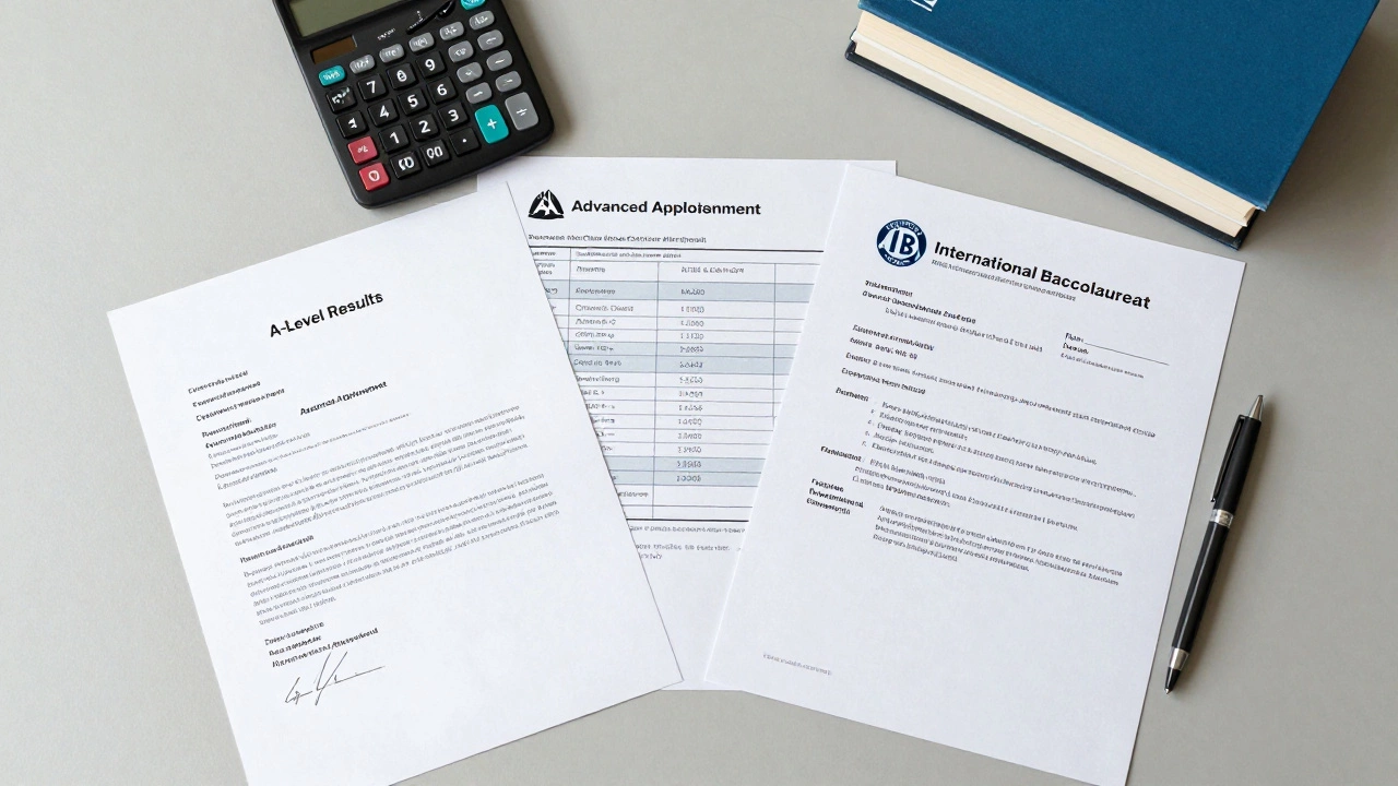 Desk layout showing A-Level, AP, and IB academic documents