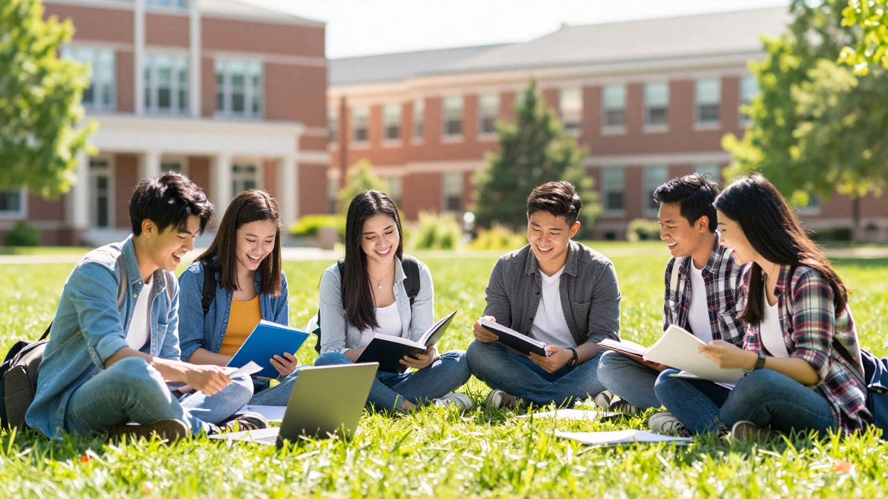 Happy students studying on a sunny college campus lawn