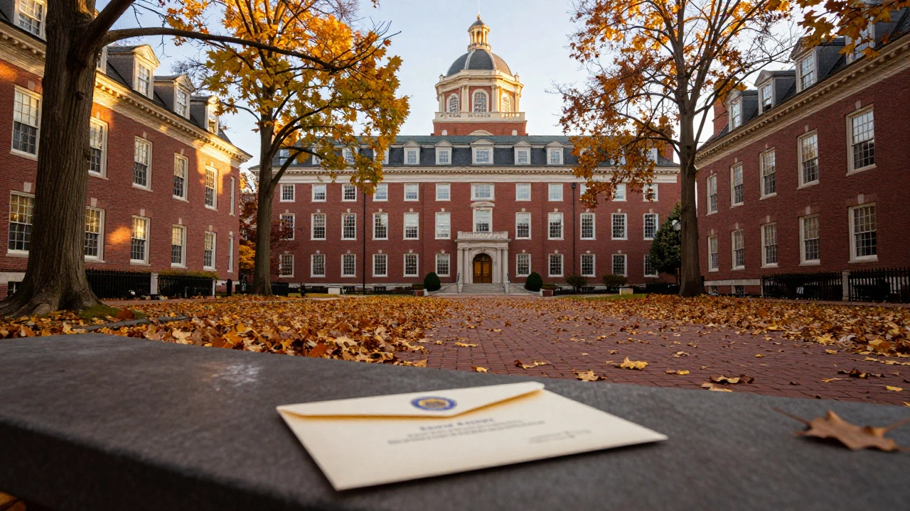 Harvard Yard in autumn with acceptance letter on a stone bench