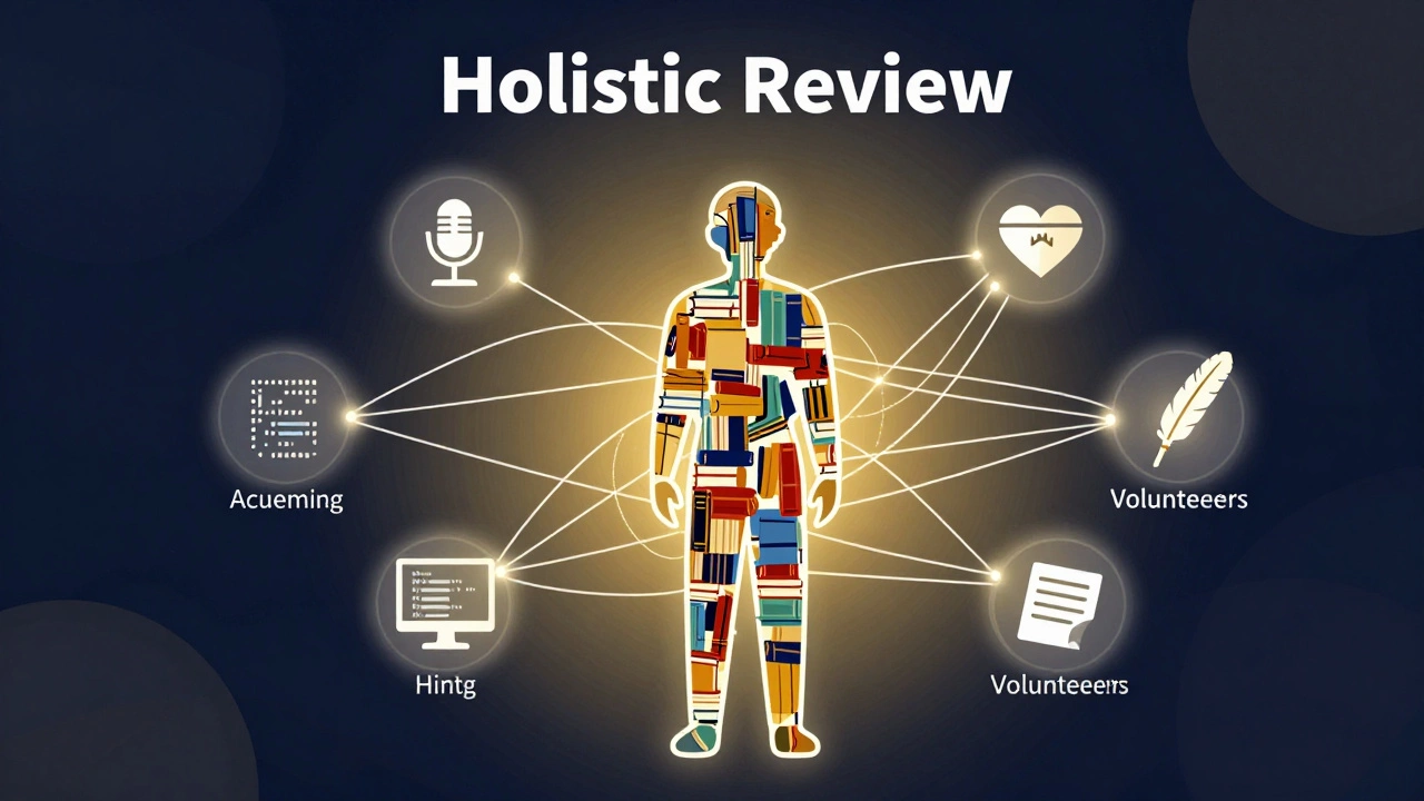 Illustration of holistic review showing academics and extracurriculars connected
