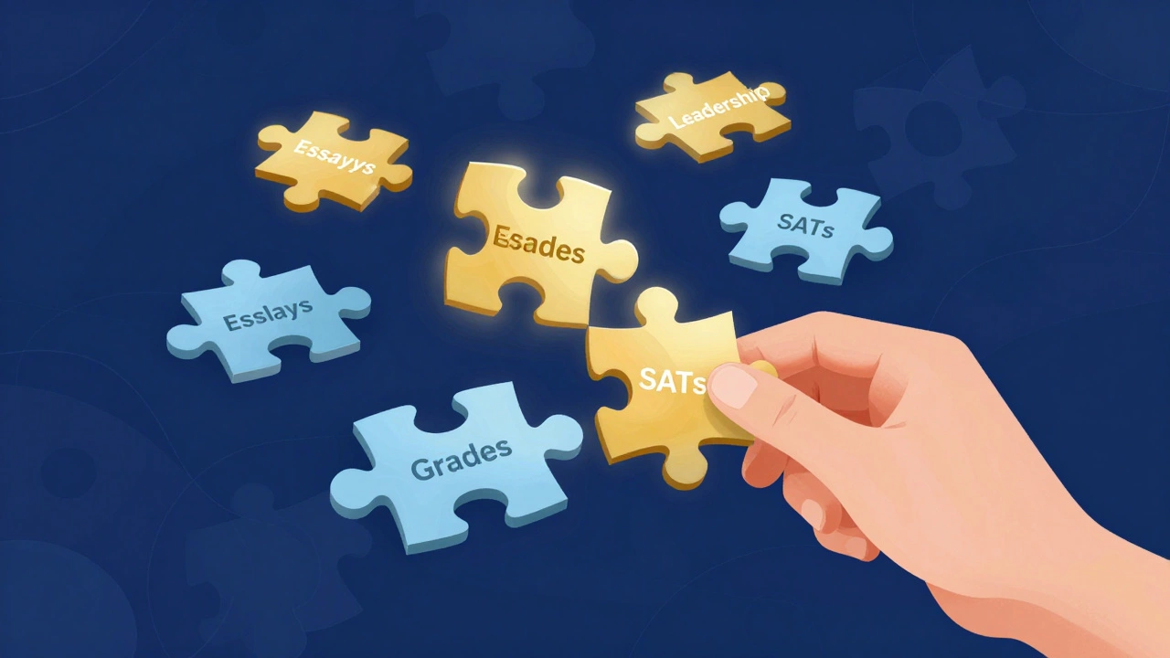 Jigsaw puzzle showing holistic admissions factors balancing grades