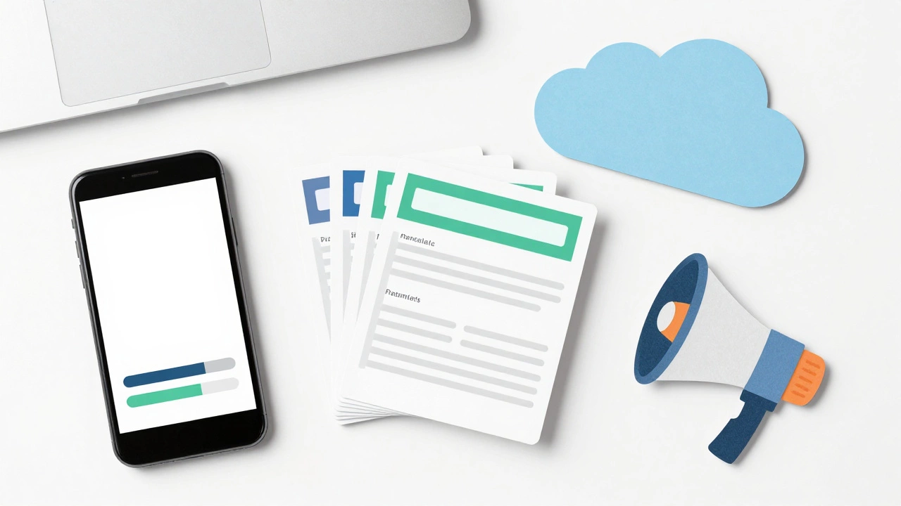Minimalist flat-lay of study tools and icons on a clean white desk.
