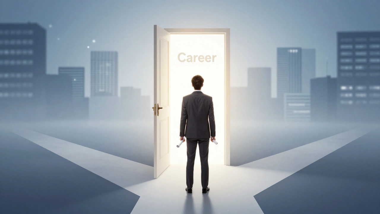 Person holding a glowing certificate at a career crossroads.